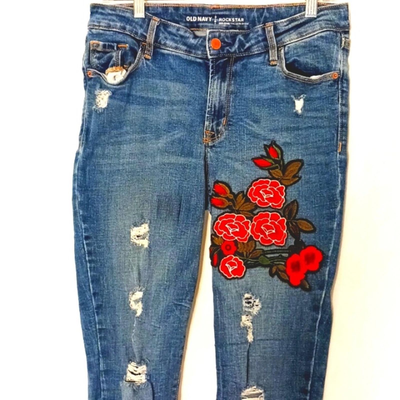 Old Navy Old Navy ROSES Jeans Sz 10 Blue Distess Bohemian Cottagecore Size 30" / US 8 / IT 44 - 2 Thumbnail