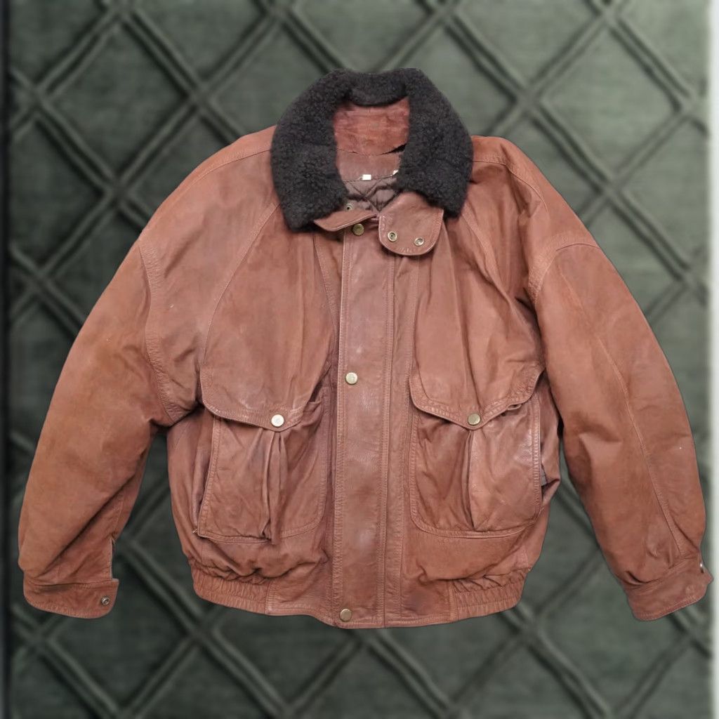 Vintage VINTAGE Flying Wear Bomber Jacket Mens XL Brown Leather Colar Spread Full Zip 90s Retro Motorcycle USA Army Western Rock Jacket Size US XL / EU 56 / 4 - 1 Thumbnail