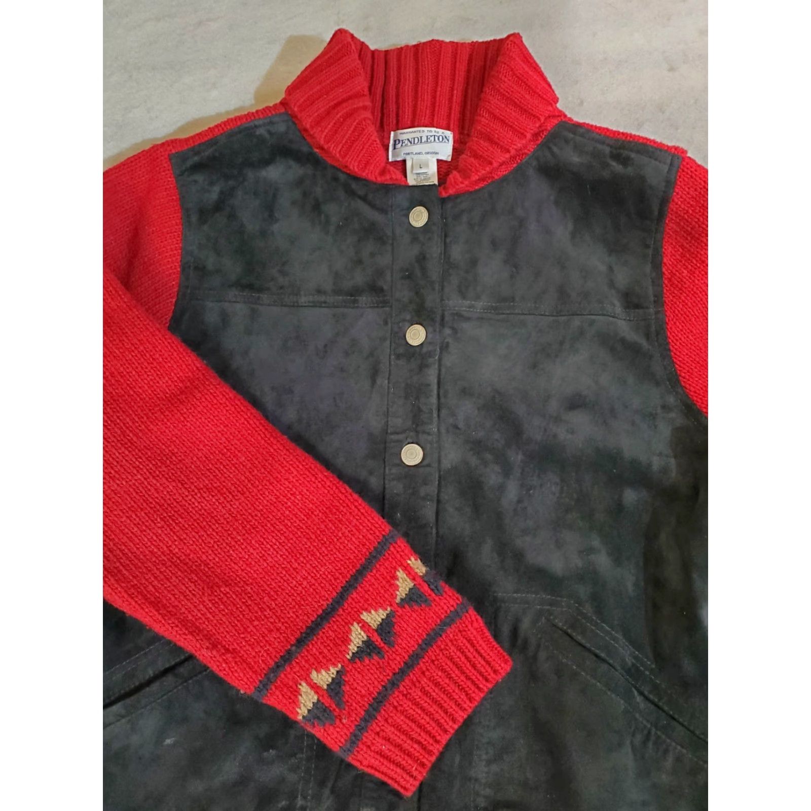 Pendleton VINTAGE Pendleton Jacket Aztec Wool Knit Red Black Suede Snap Front Sz L Women Size L / US 10 / IT 46 - 2 Thumbnail