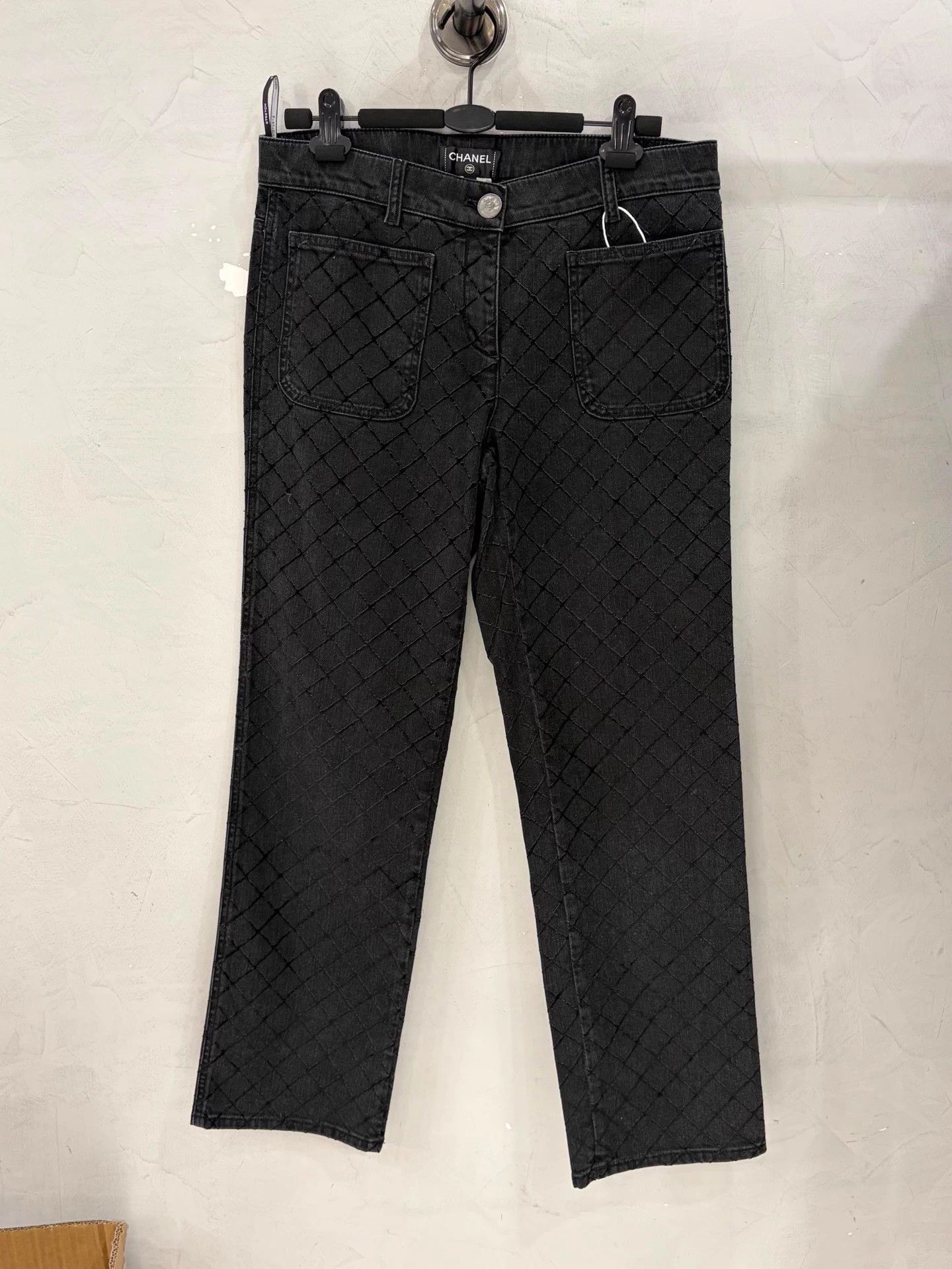 Chanel Black Quilted Low-Rise Straight Leg Jeans 40 Mint