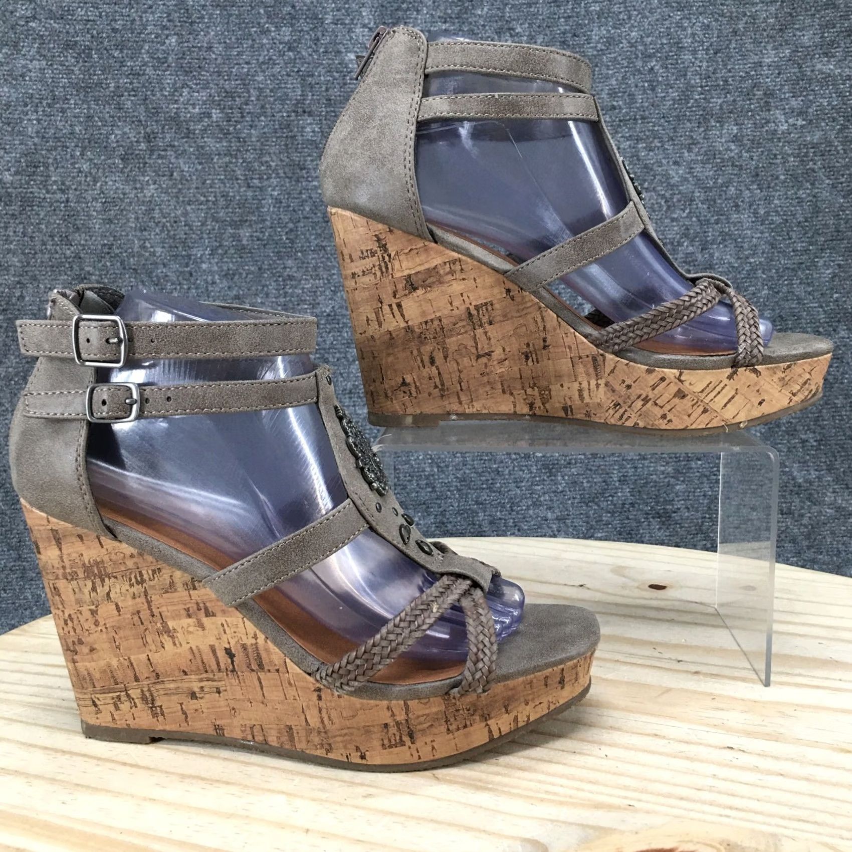 Vintage Maurices Sandal Womens 9M Gray Braided Strappy Open Toe Cork Platform Wedge Size US 9 / IT 39 - 2 Thumbnail