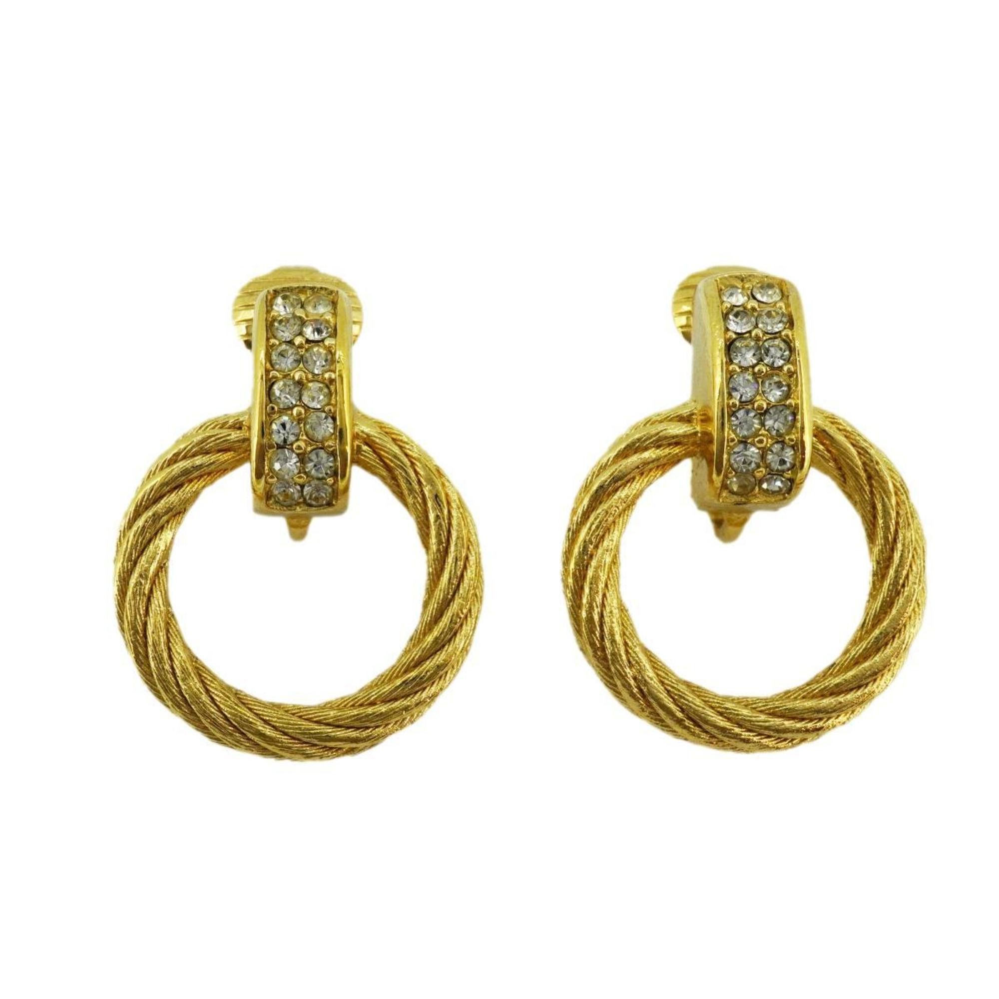 image of Christian Dior Earrings Circle Rhinestone Gp Plated Gold Women's