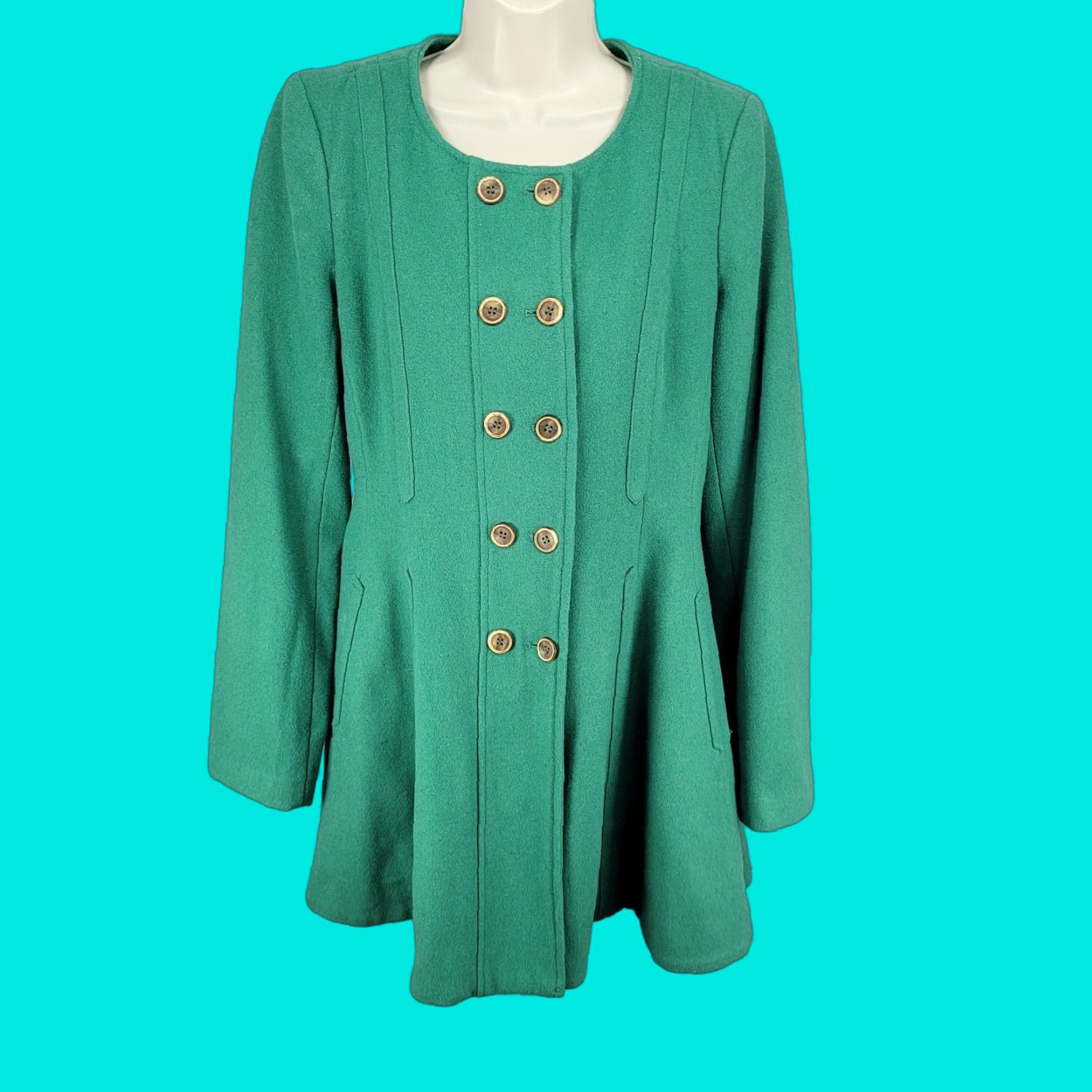 Elevenses Pea Coat Jacket Women's Green Wool Blend Double Breasted Buttoned 12