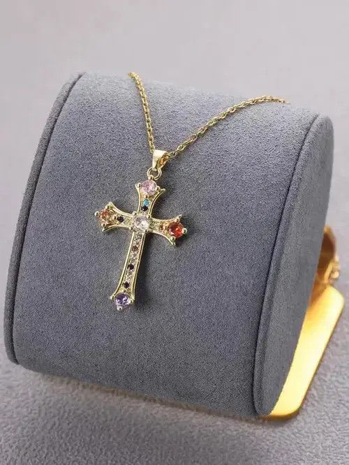 Jewelry x Vintage Retro Punk Stainless Cross Rhinestone Pendant Gold, Men's