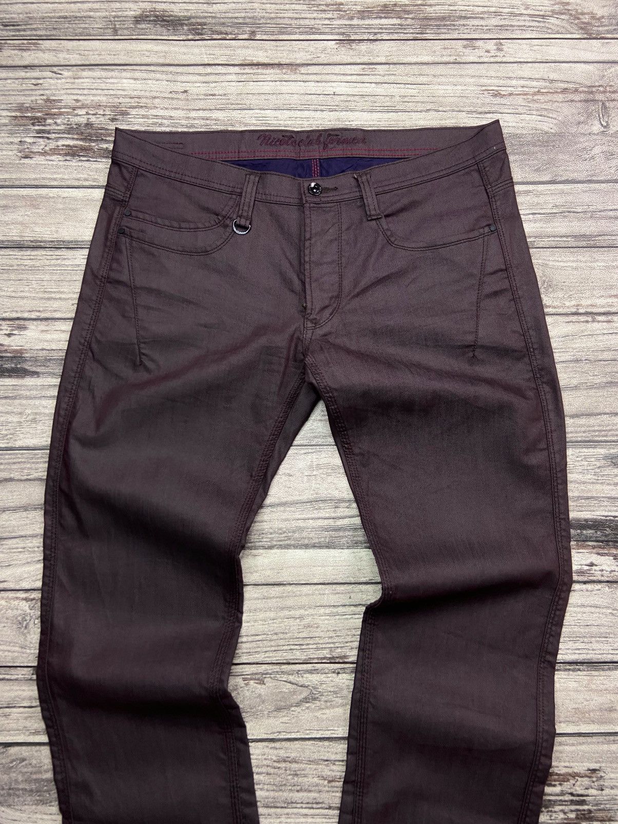 If Six Was Nine × Le Grande Bleu (L.G.B.) × Nicole Club 2000s NCFM Punk Goth Waxed Flare Pants Burgundy Avant Garde Size US 36 / EU 52 - 6 Thumbnail