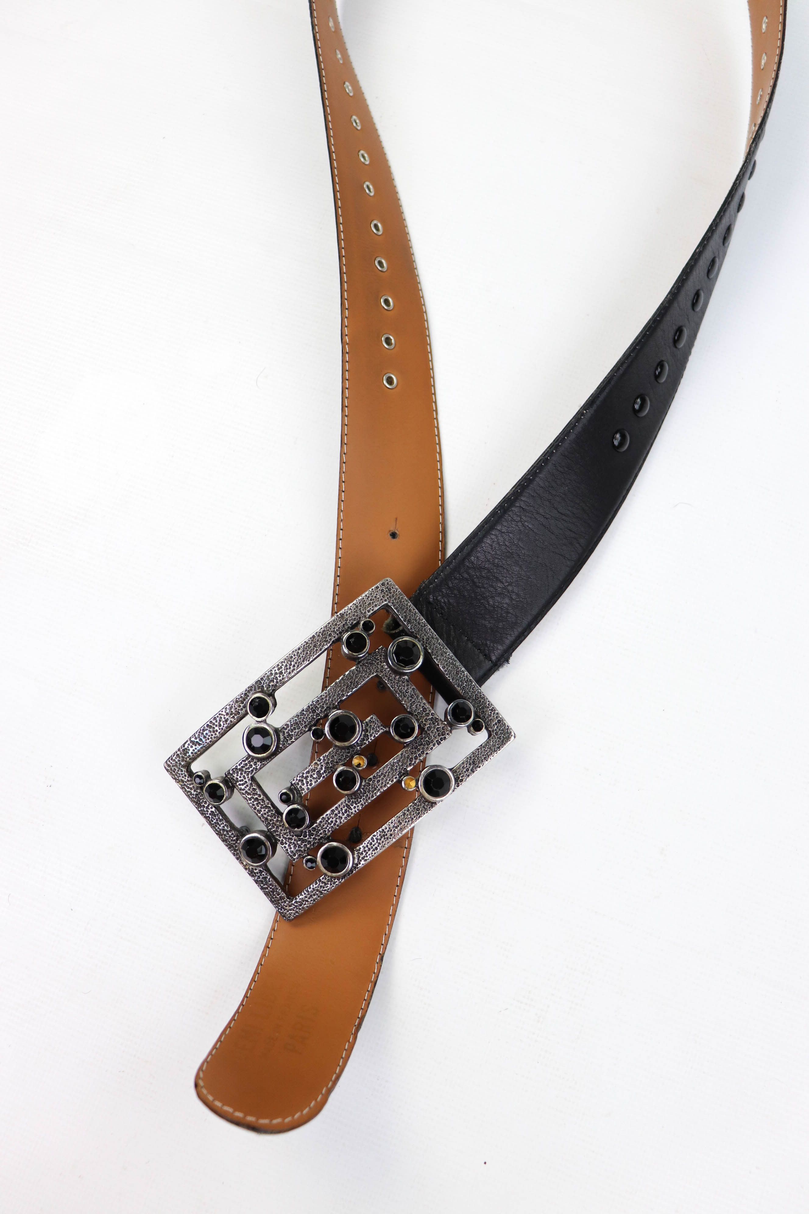 Vintage NOEMI LIBERTI PARIS Rhinestones Buckle Leather Studded Belt Size ONE SIZE - 5 Thumbnail