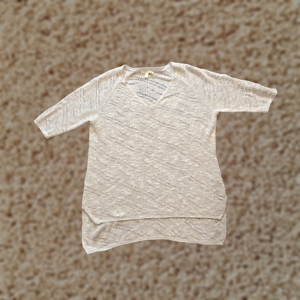 Eileen Fisher Eileen Fisher Top Womens Size Small Petite Beige Linen Blend Crochet Knit Casual Shirt V-Neck Pullover Short Sleeve Womens Across Petite Size S / US 4 / IT 40 - 1 Thumbnail