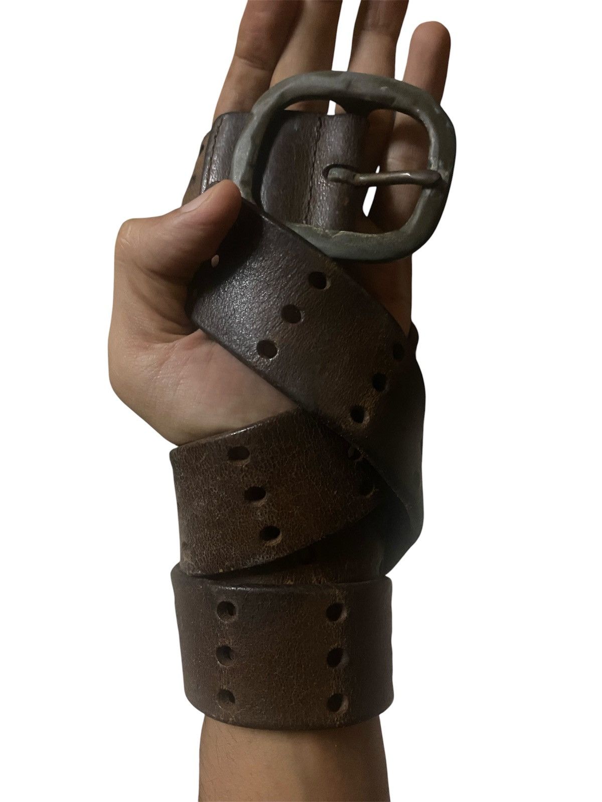 Genuine Leather Brown Leather Triple Holes Belt with Oval Buckle Size ONE SIZE - 1 Thumbnail