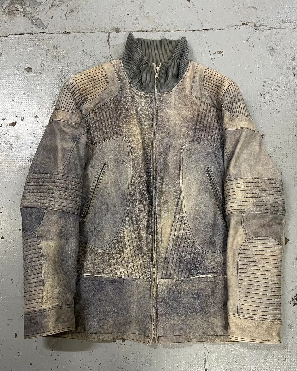 Vintage Grey Ribbed Sleeves Moto Leather Jacket
