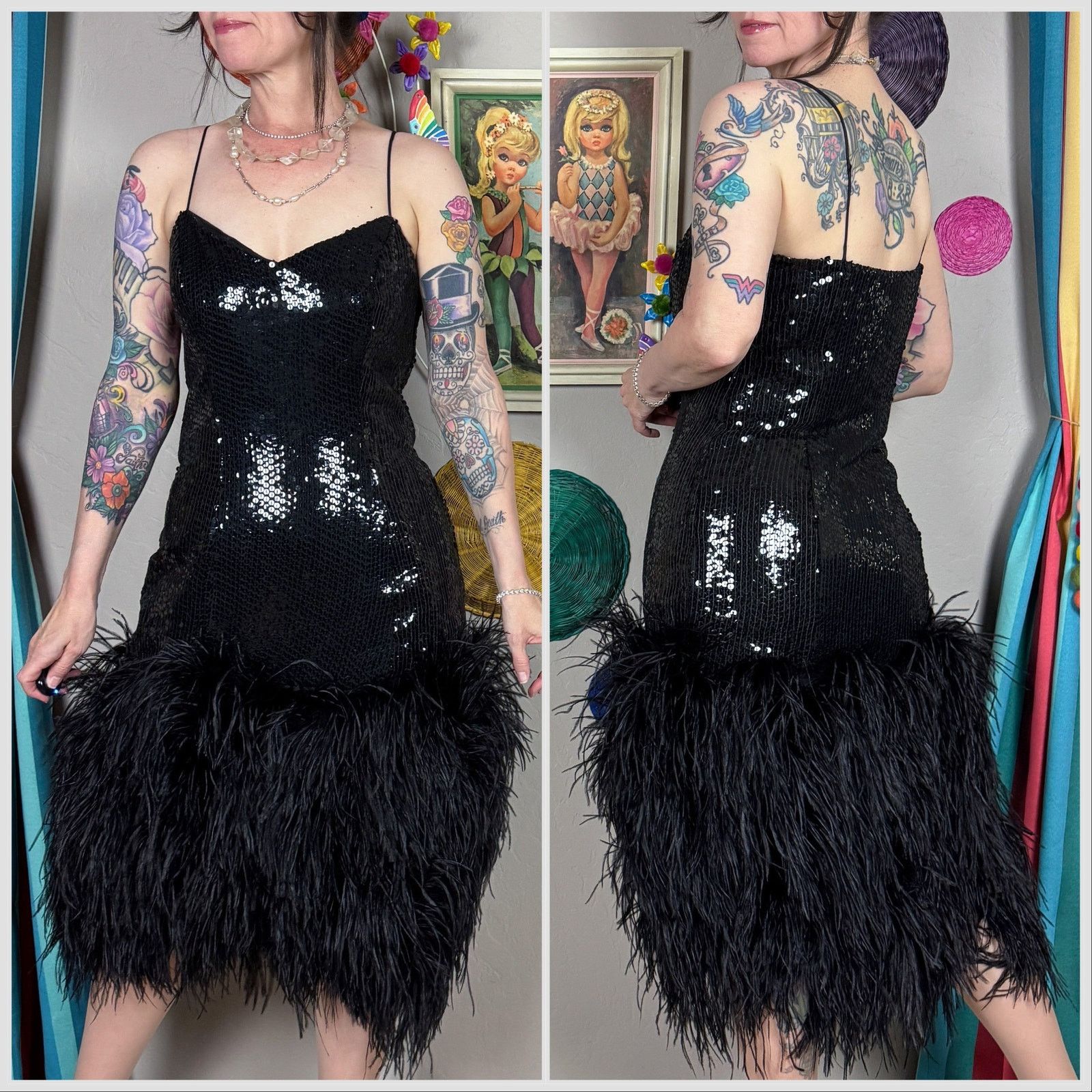 Vintage Vintage 1970s Black Sequins & Ostrich Feather Cocktail Dress Size S / US 4 / IT 40 - 3 Thumbnail
