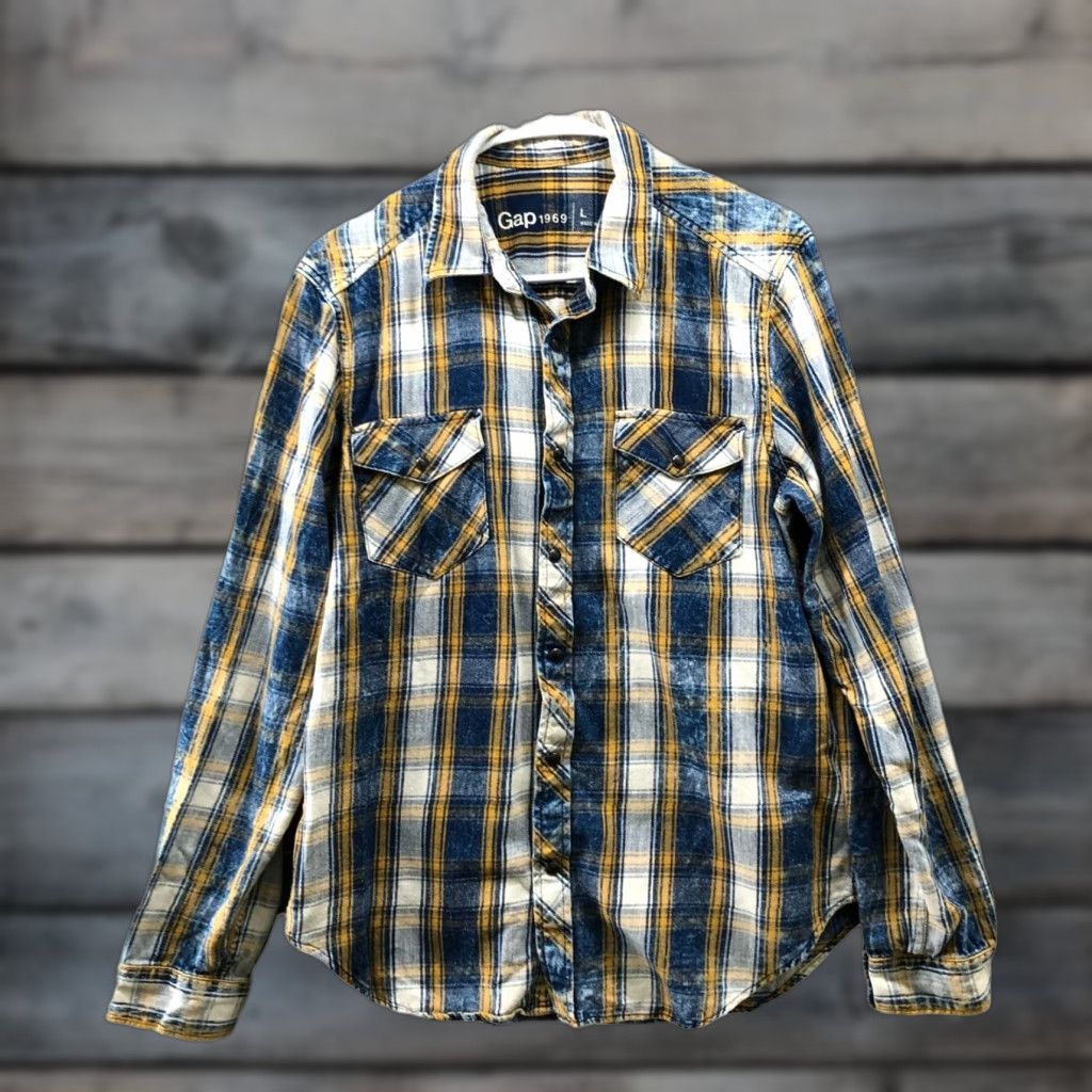 Gap Gap Plaid Western Shirt Mens L Blue Gold Pearl Snap Long Sleeve Cotton Shirt Size US L / EU 52-54 / 3 - 1 Thumbnail