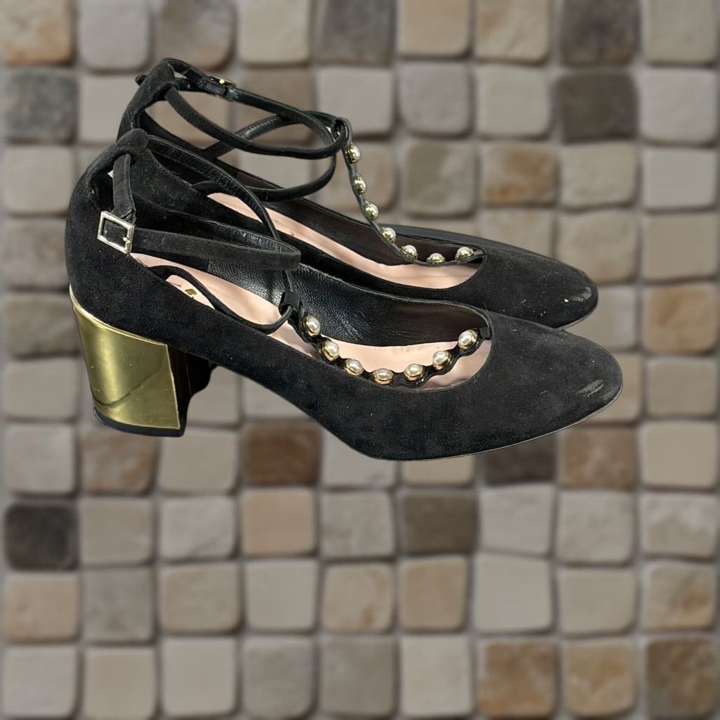 Melissa Kate Spade Heels Women's Size 9.5 M Elissa Pearl Buckle T-Strap Black Suede Size US 10 / IT 40 - 1 Thumbnail