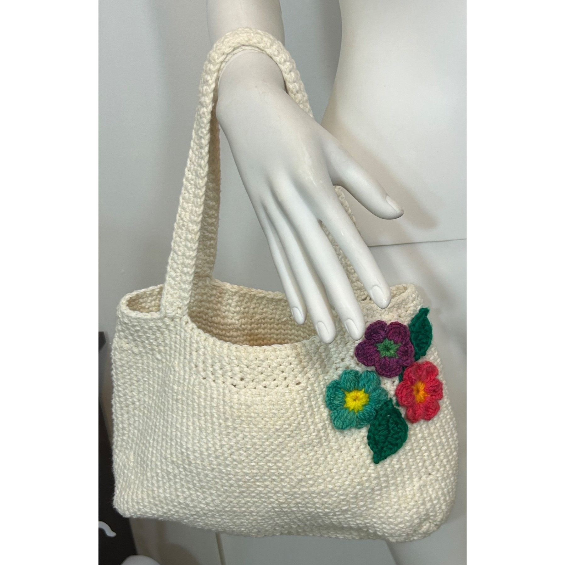 Other Crocheted Tote Bag Vintage Cream Handmade Floral Appliqués S Size ONE SIZE - 9 Thumbnail