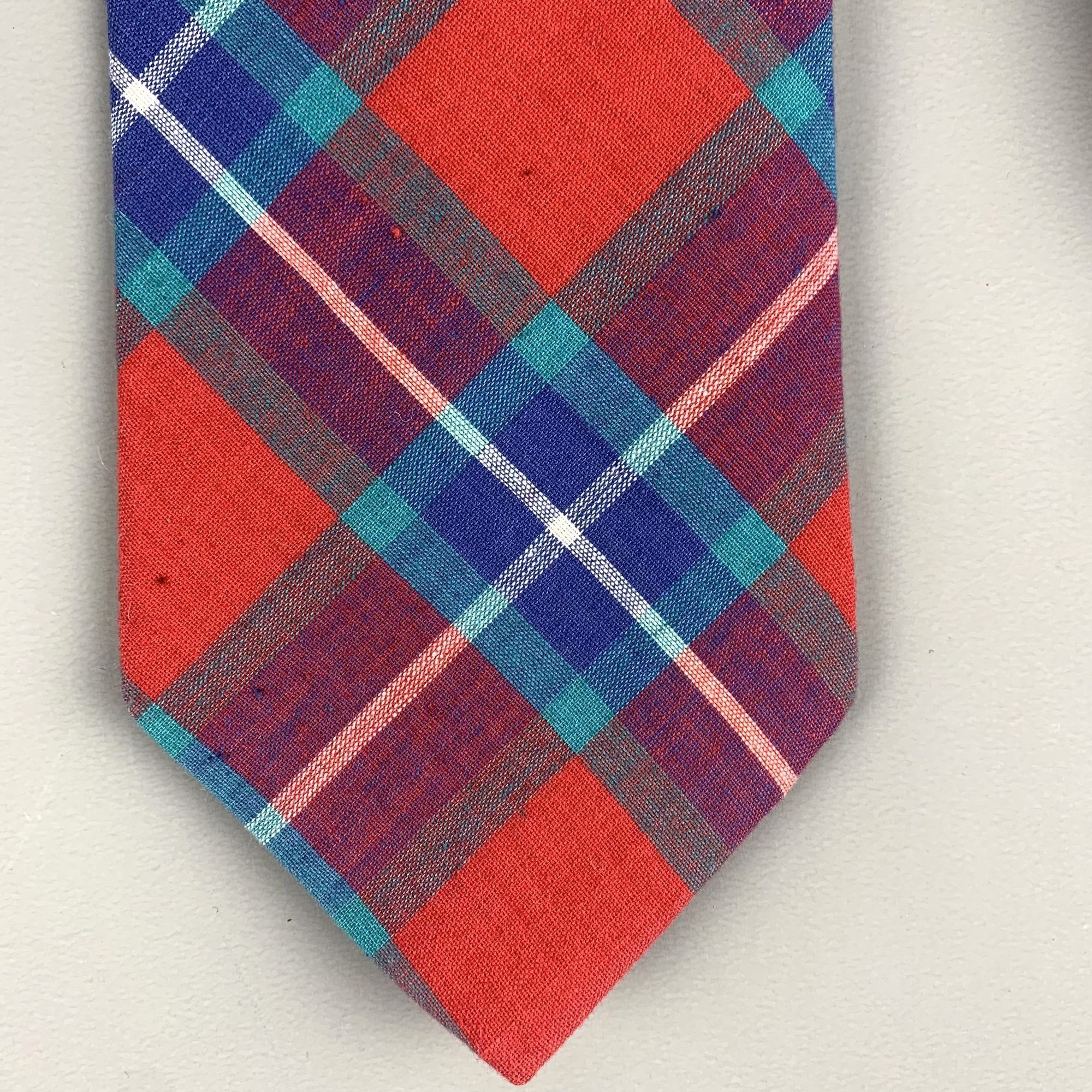 Designer Mens Rooster Madras Plaid Cotton Preppy Tie Red, Blue, Green Size ONE SIZE - 3 Thumbnail