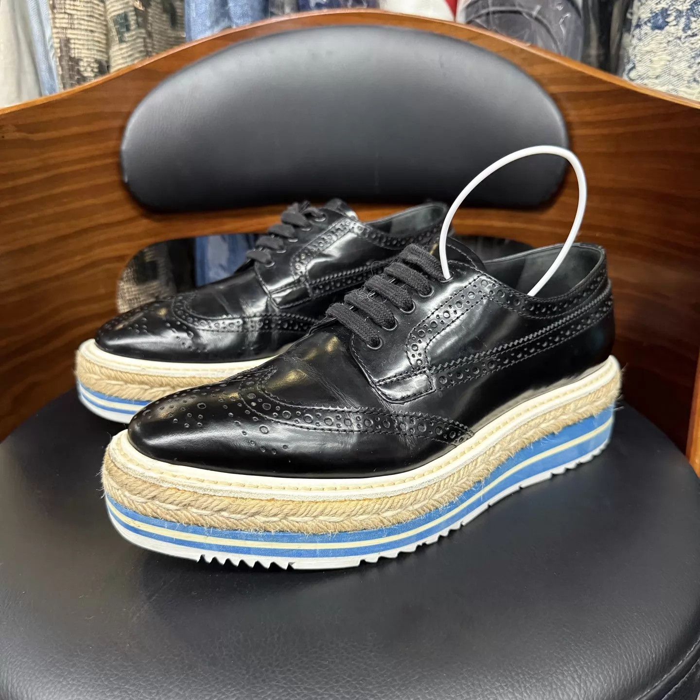 Prada Prada patent Fume blackblue retro platform 37.5 worn once Size US 7 / IT 37 - 1 Thumbnail