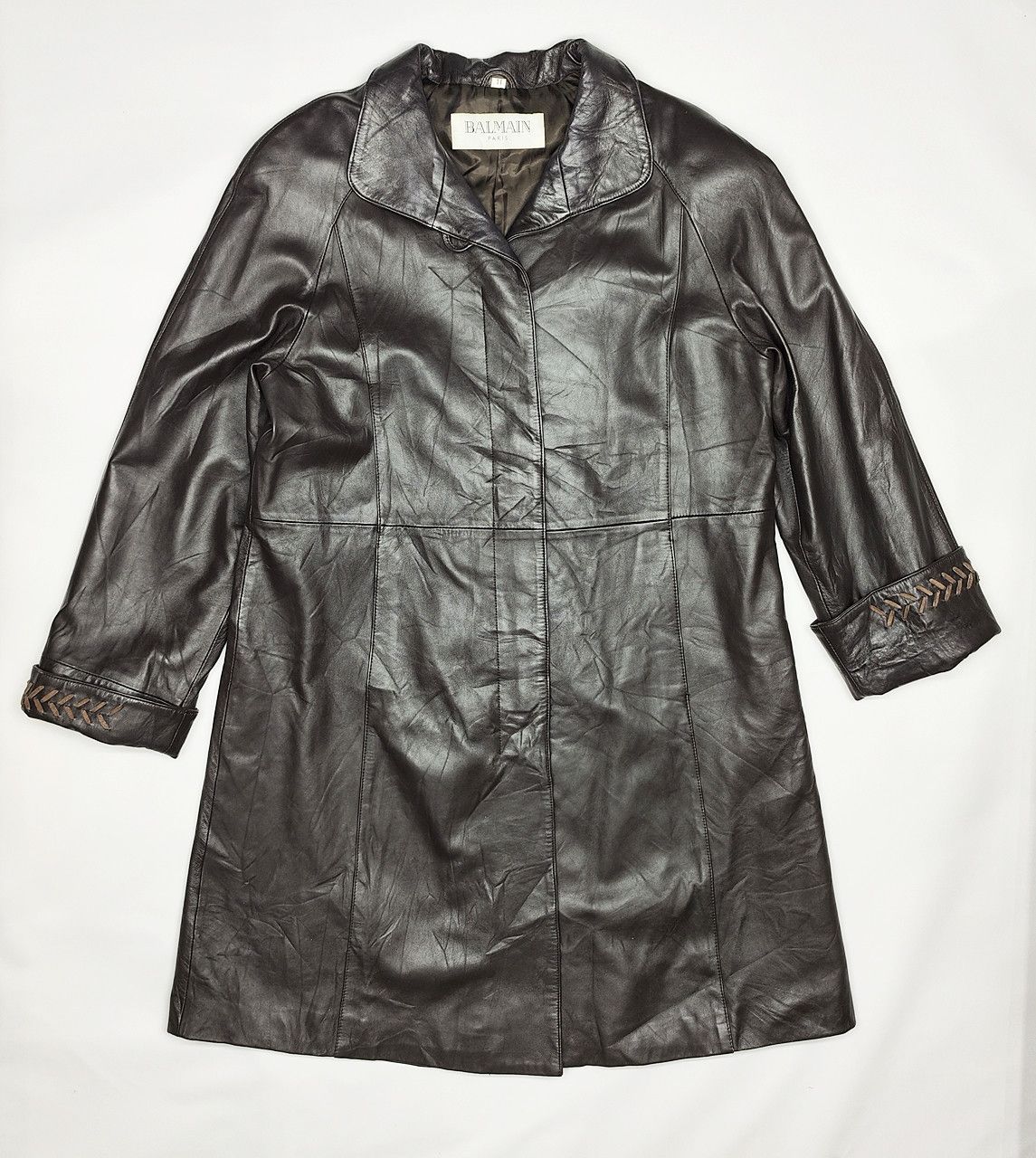 image of Balmain Full Leather Sheep Skin Trench Coat in Black, Men's (Size Large)