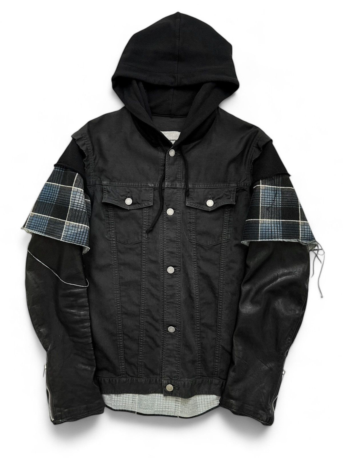 Pre-owned Undercover 2012 Hybrid Leather Sleeve Flannel Hooded Jacket In Black