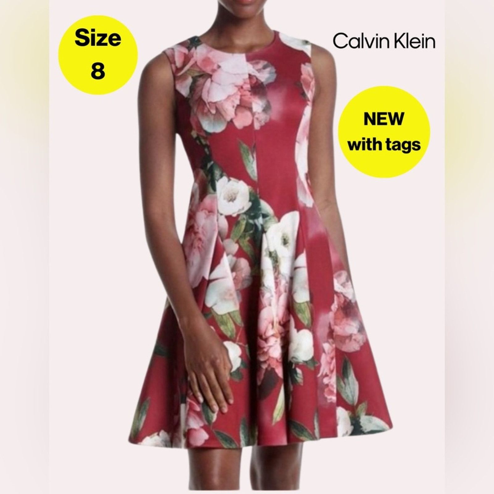 Calvin Klein NEW CALVIN KLEIN Burgundy Floral A-Line Dress (Size 8) Size M / US 6-8 / IT 42-44 - 1 Thumbnail