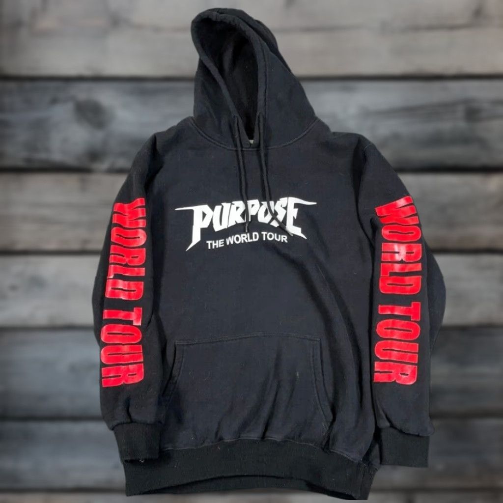 Vintage Justin Bieber Purpose World Tour Hoodie Women XL Black Graphic Print Hooded Pullover Sweatshirt Size XL / US 12-14 / IT 48-50 - 1 Thumbnail