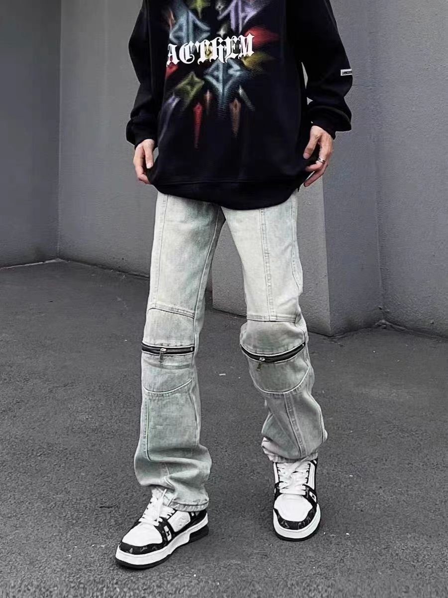 Fried Street Vintage Knee Zipper Design Baggy Jeans