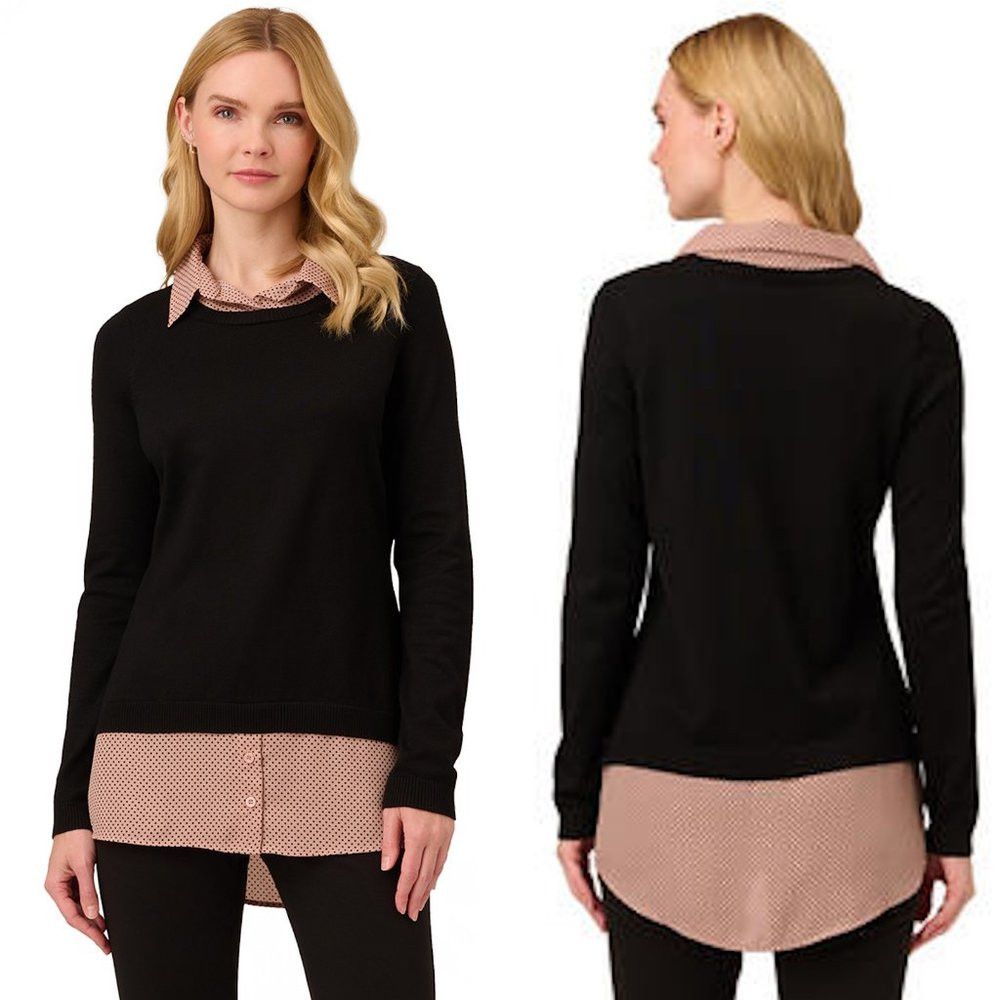 Adrianna Papell Adrianna Papell Twofer Collared Black Layered Sweater Blous Size M / US 6-8 / IT 42-44 - 1 Thumbnail