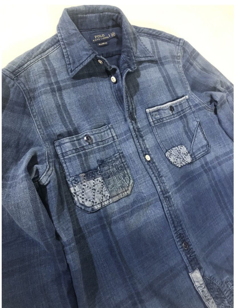 Polo Ralph Lauren PRL plaid blue ombré patchwork distressed wash denim Small Size US S / EU 44-46 / 1 - 4 Thumbnail