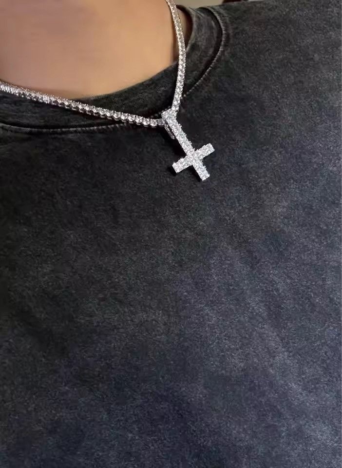 Japanese Brand 60 cm Iced Out Gold Tennis Chain Necklace Inverted Cross CZ Size ONE SIZE - 1 Thumbnail