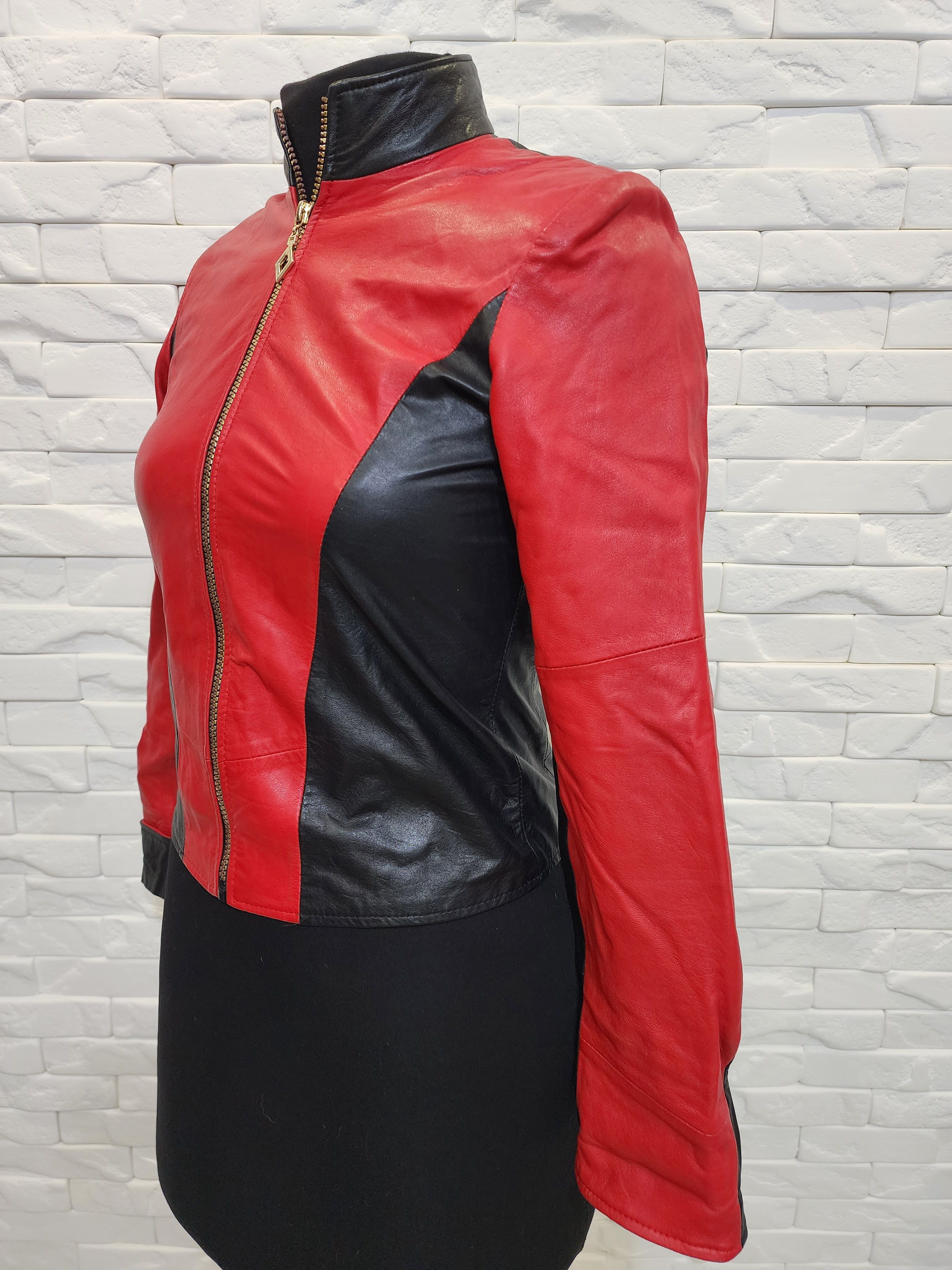 Genuine Leather Women's black leather jacket with red inserts. Size XS / US 0-2 / IT 36-38 - 3 Thumbnail