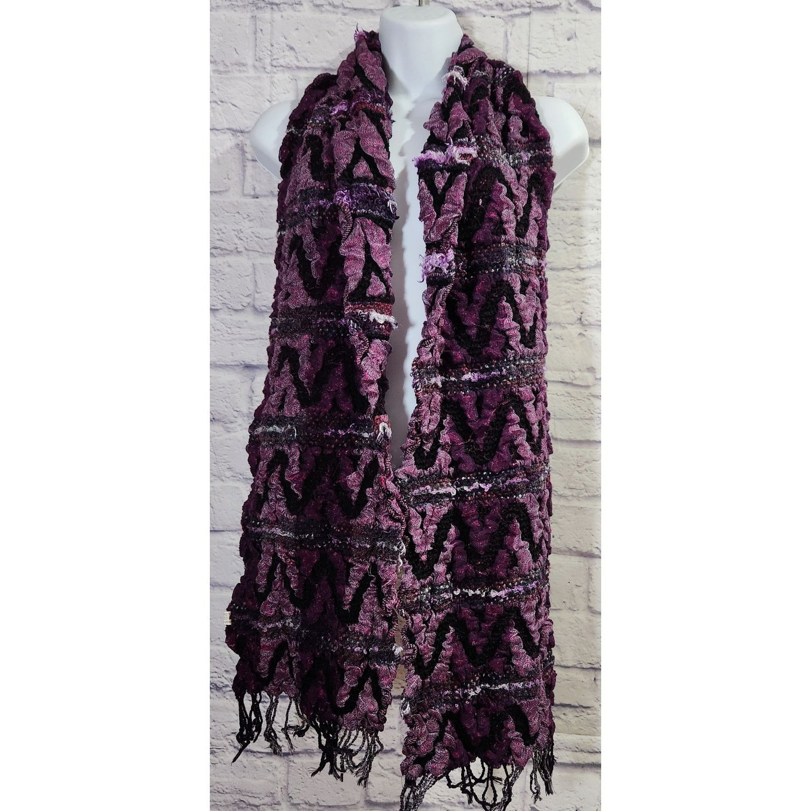 Other Purple Black Multi Textured Woven Scarf With Tassels Stretch Size ONE SIZE - 1 Thumbnail