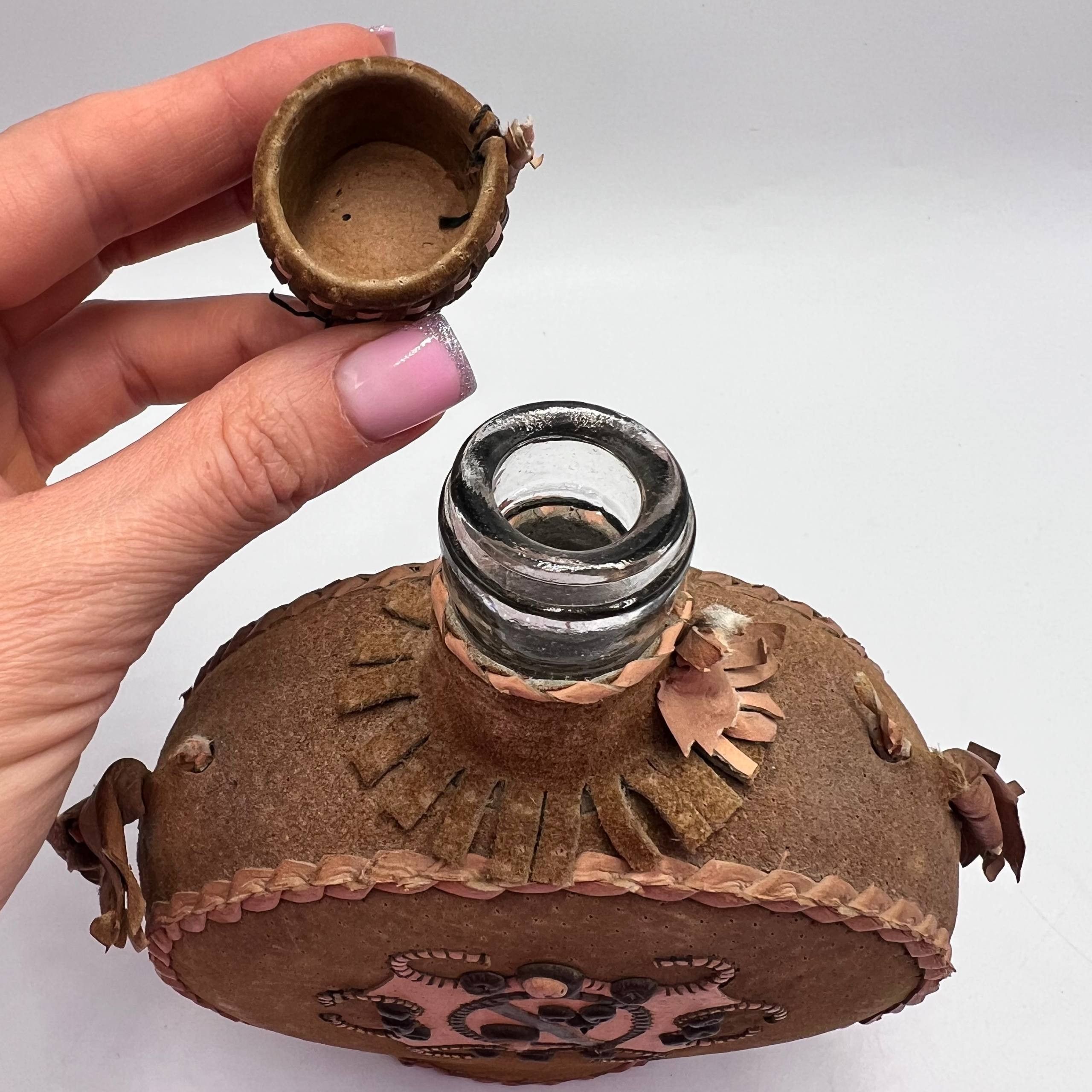 Vintage Handmade Leather Wrapped Glass Bottle 43 cm Vintage Folk Art Size ONE SIZE - 8 Thumbnail