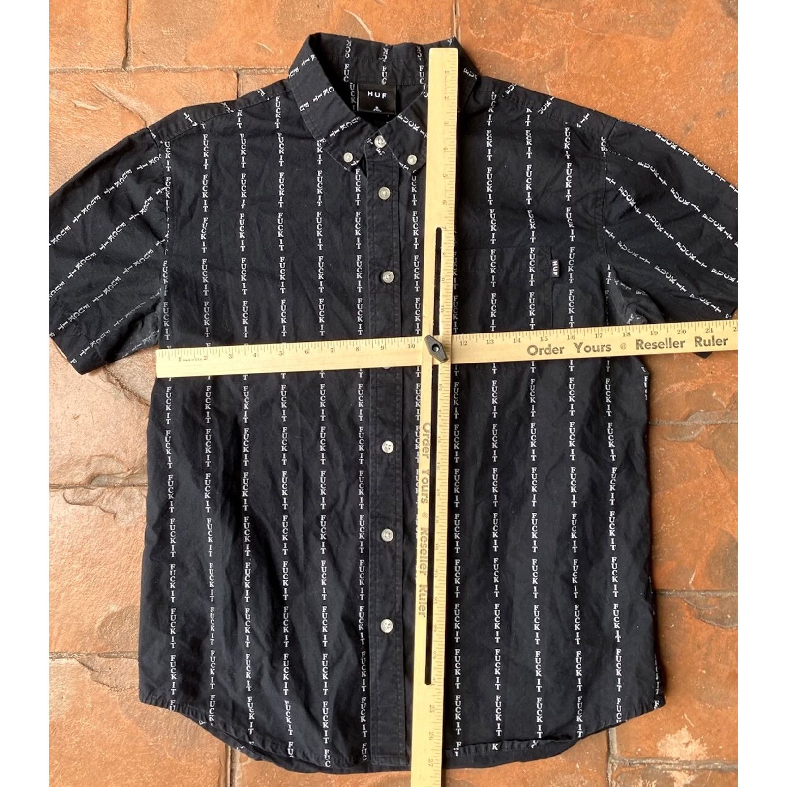Huf HUF Button Up Shirt Men’s Small Black Grunge Streetwear Short Sleeve Graphic Print Casual Skate Surf FUK IT Mens S Black Size US S / EU 44-46 / 1 - 4 Thumbnail