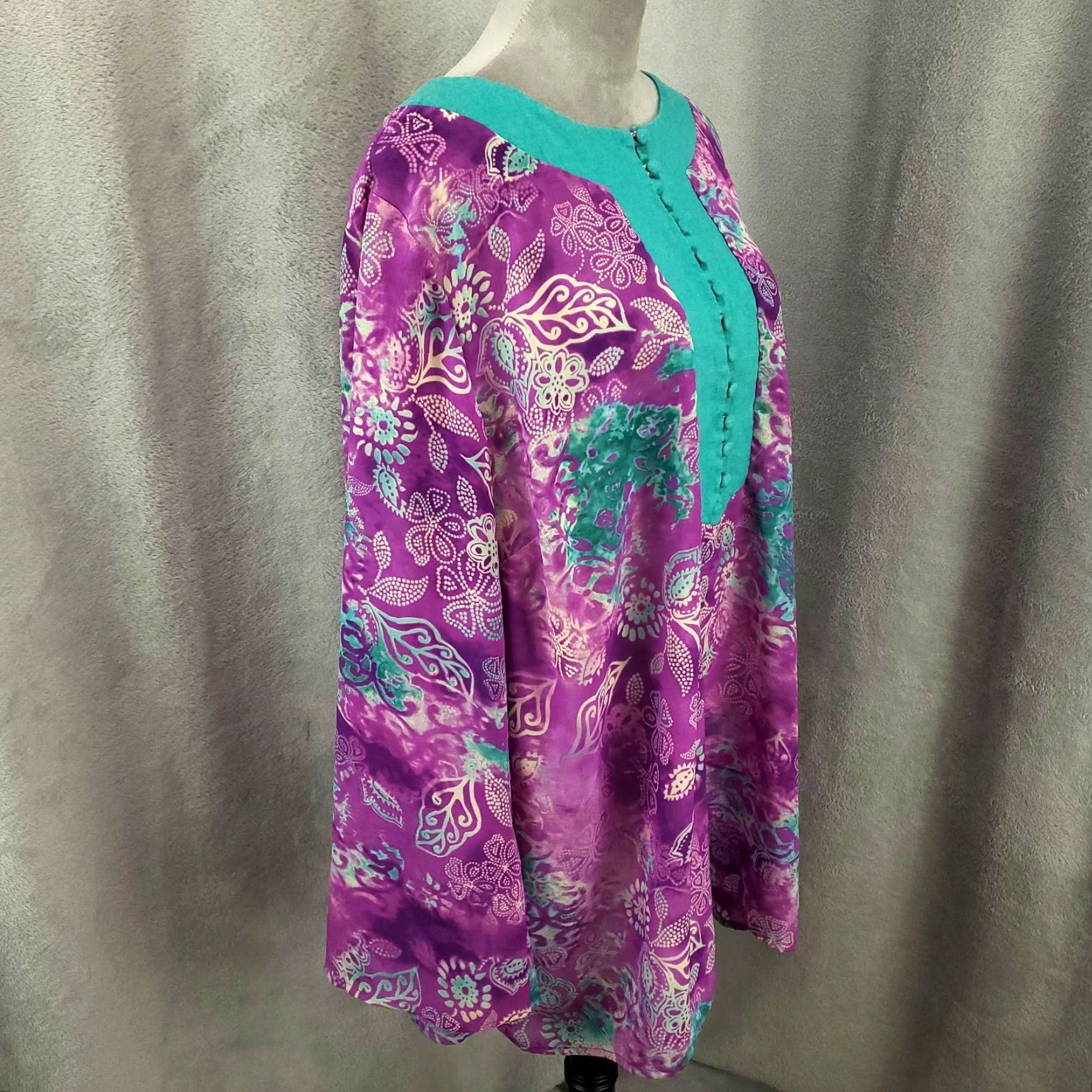 Vintage Maggie Barnes Top Womens 1X Purple Blue Half Button Up Popover Floral Tunic READ Size XL / US 12-14 / IT 48-50 - 7 Thumbnail