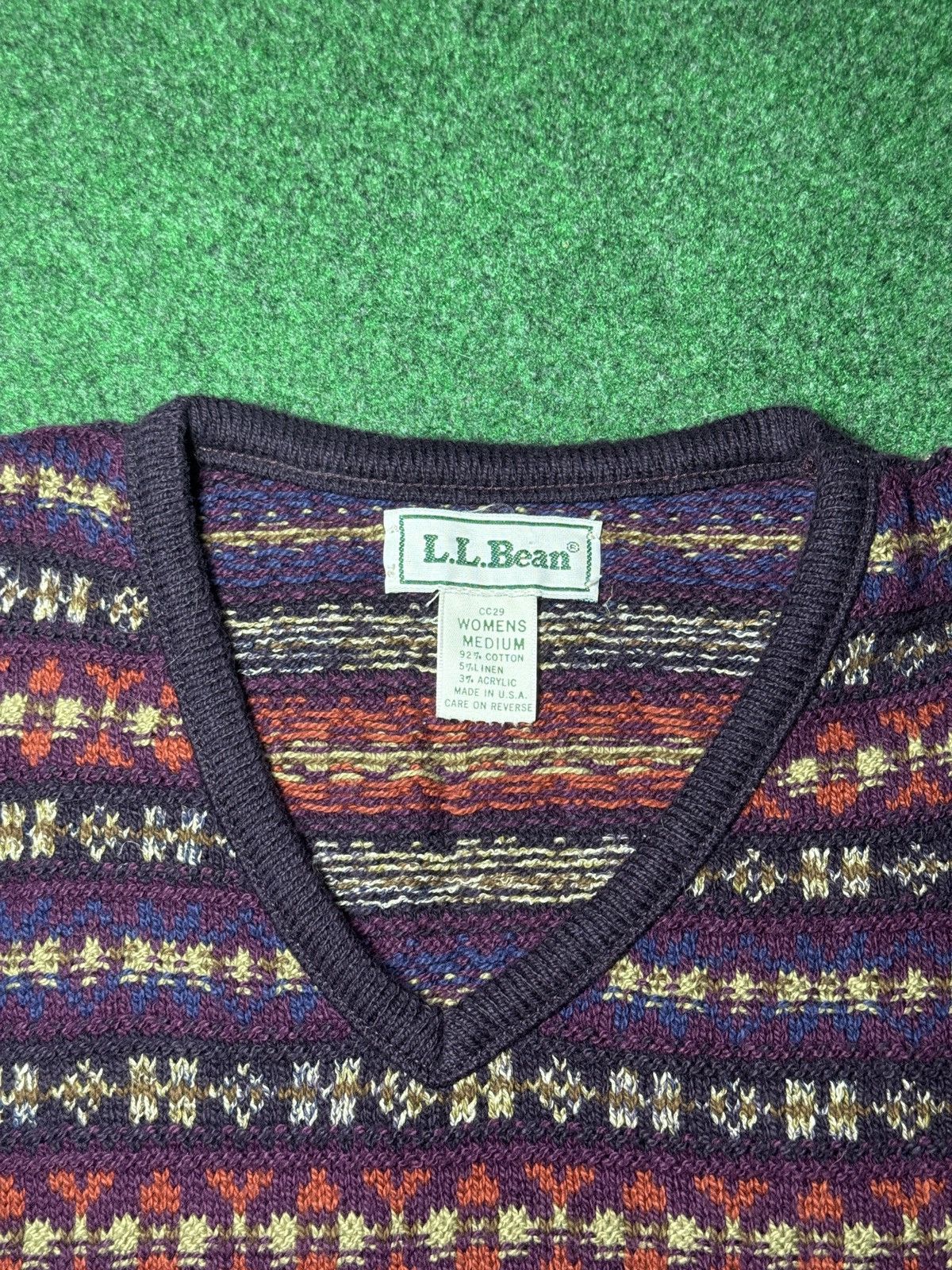 L.L. Bean Vintge LL Bean V Neck Fair Isle Cotton Linen M Knit Sweater Size M / US 6-8 / IT 42-44 - 2 Thumbnail