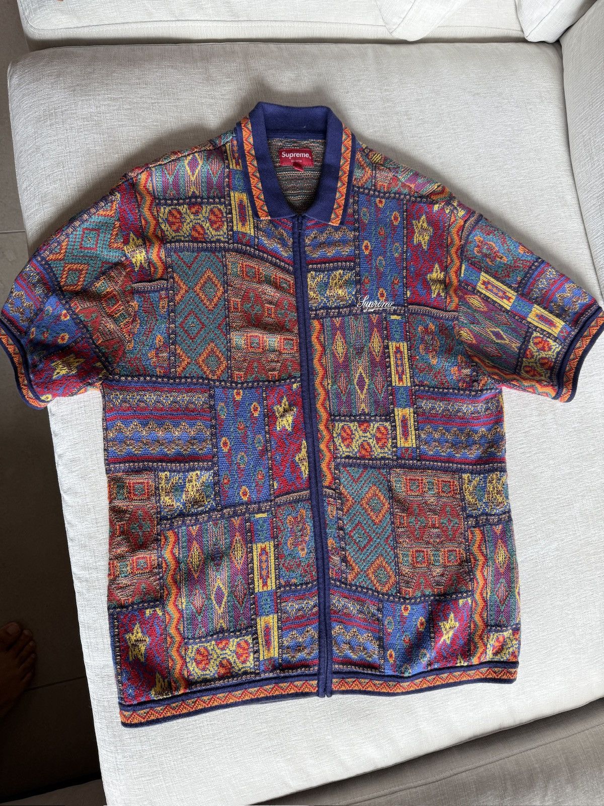 【XL】Supreme Patchwork Knit Zip Up Polo Supreme Patchwork Knit Zip Up Polo - Size S
