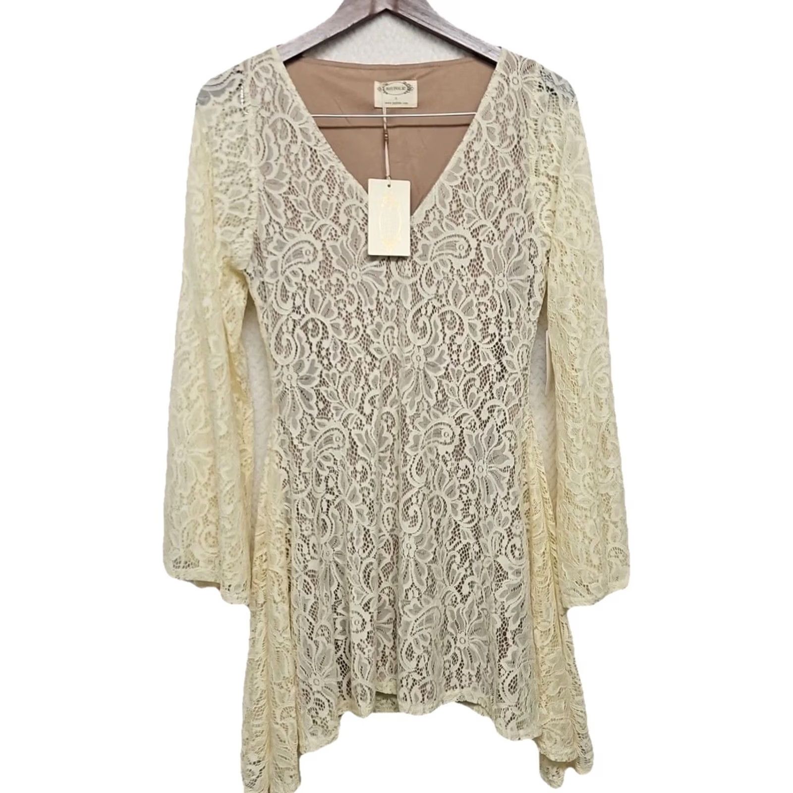 Bell Joyfolie Ivory Lace Dress S Women Bell Sleeve Round Neck Short Dress Bohemian NWT Size S / US 4 / IT 40 - 2 Thumbnail
