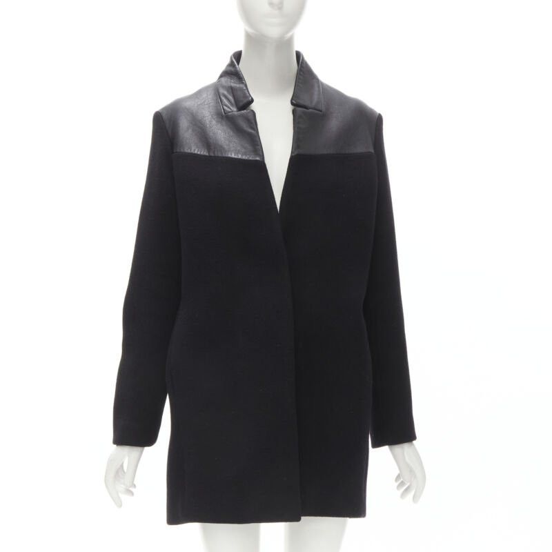 Maje MAJE Sirop black calfskin leather trim wool collarless coat US2 S Size S / US 4 / IT 40 - 1 Thumbnail