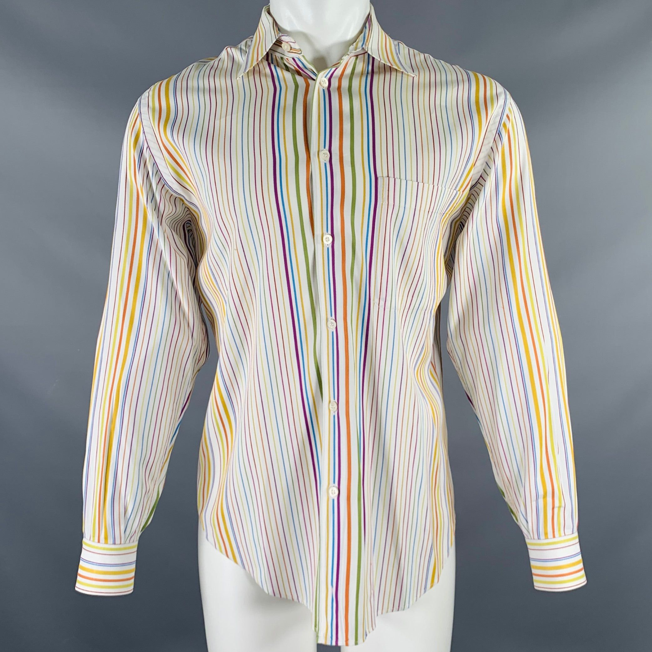 image of Brioni White Multi Color Stripe Cotton Button Up Long Sleeve Shirt, Men's (Size Medium)