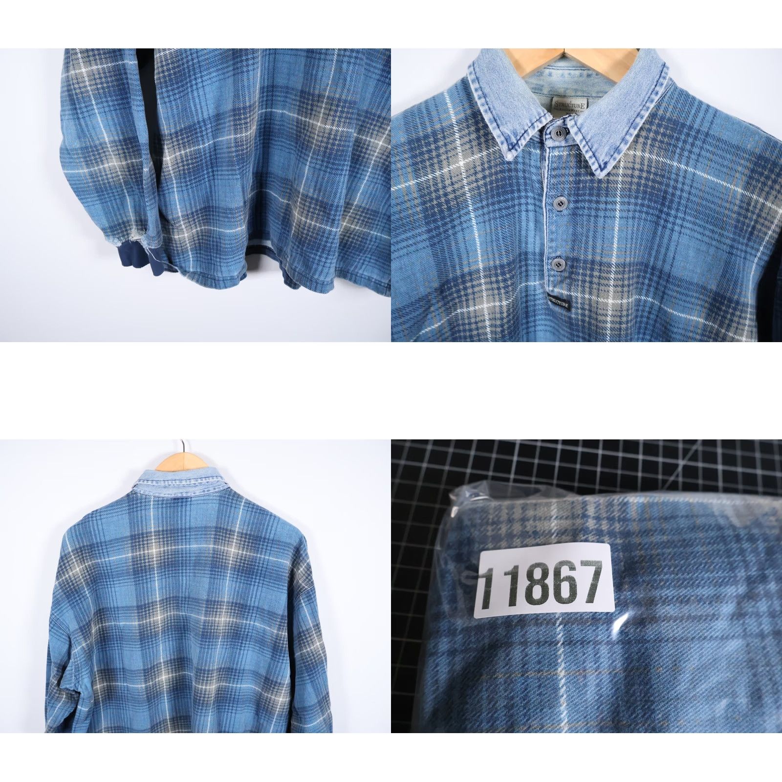 Vintage VINTAGE Structure Polo Shirt XL Blue Plaid Denim Collar USA Tag 90s Long Sleeve Men's Size US XL / EU 56 / 4 - 9 Thumbnail