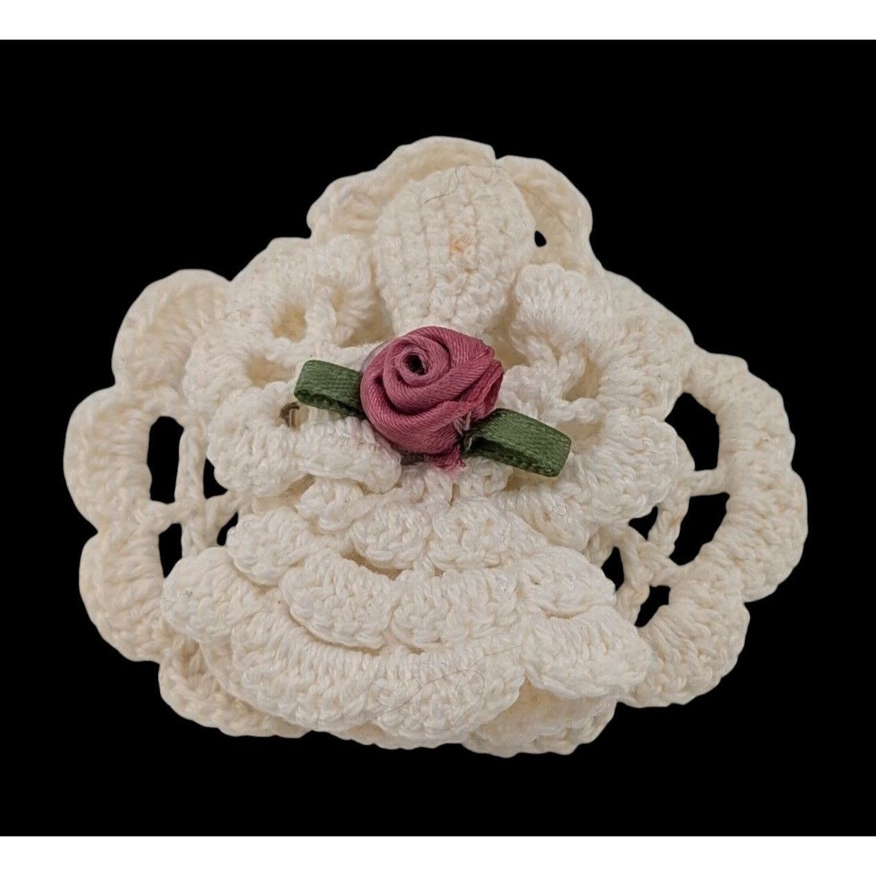 Other Vintage Handmade Crochet Angel Brooch With Ribbon Rose Accen Size ONE SIZE - 3 Thumbnail