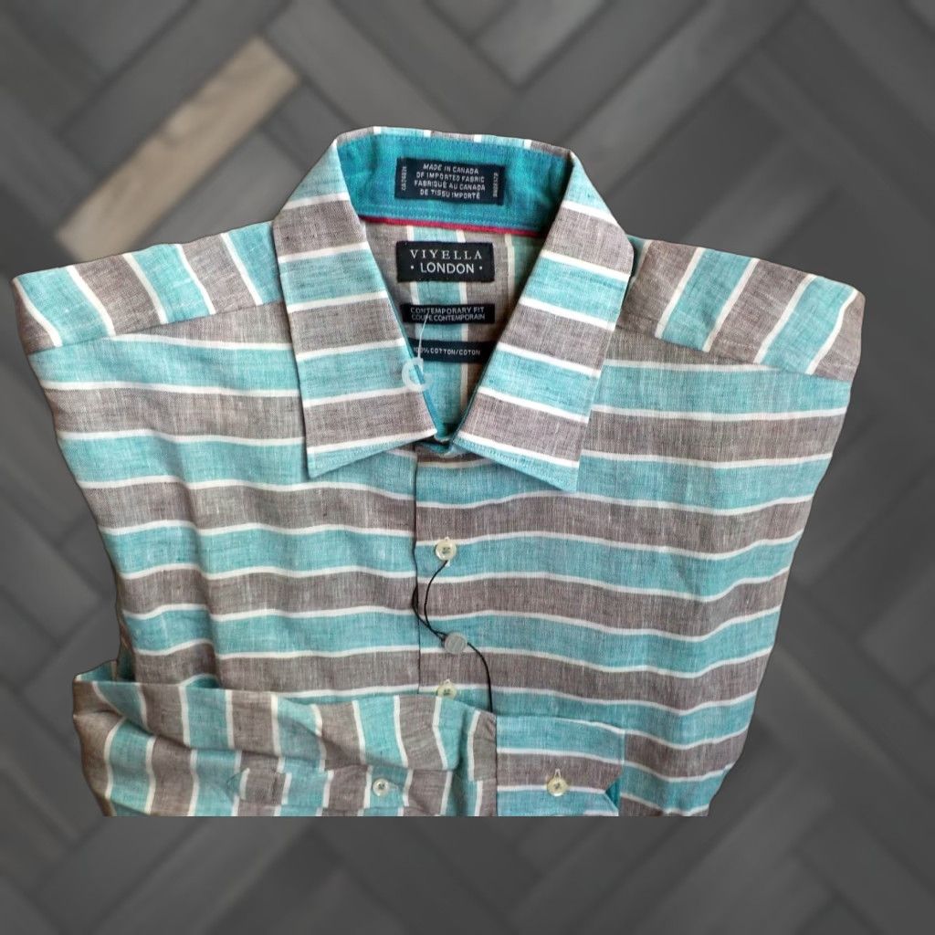 Vintage Viyella Shirt Turquoise Gray 100% Cotton Striped Button-Front Button-Down M Mens Sized Shirt Size US M / EU 48-50 / 2 - 1 Thumbnail