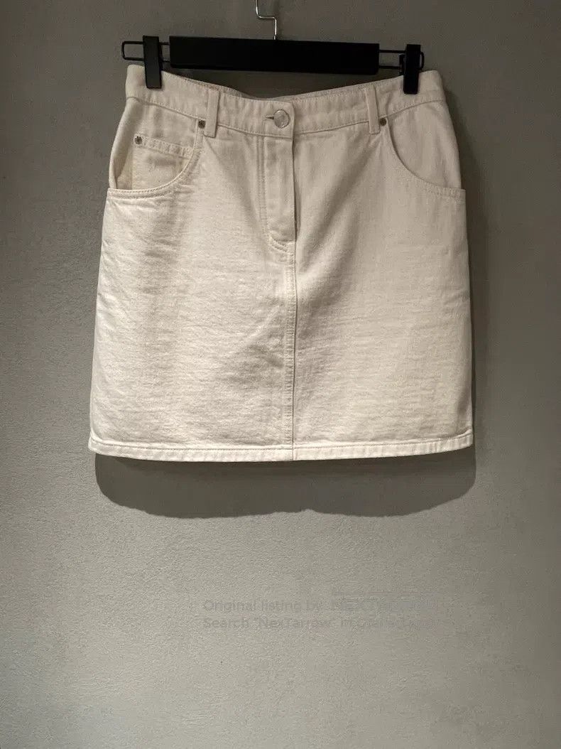 Hermes Hermes Ivory denim fabric with leather trim, A-line skirt Size 24" / US 00 / IT 34 - 1 Thumbnail