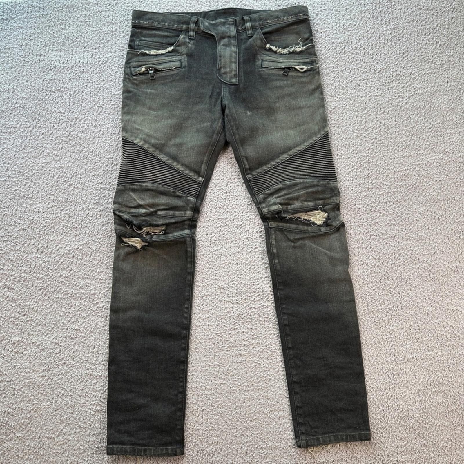 Balmain BALMAIN Paris Men's Black Moto Jeans Distressed Slim 33 Size US 33 - 1 Thumbnail
