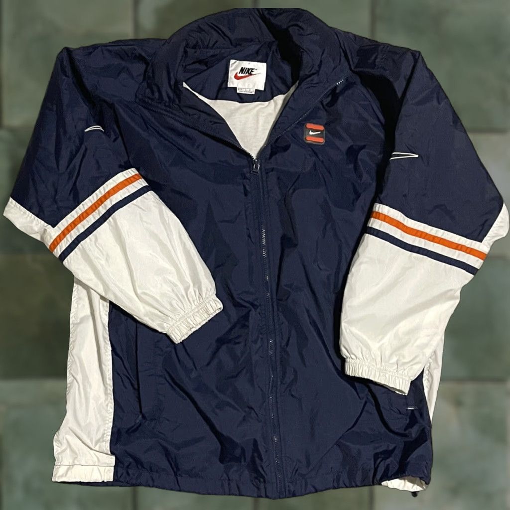 VINTAGE Nike Windbreaker Jacket Swoosh Full Zip Larg Navy/White/Orange Stripe 90s Mens Large Multicolor