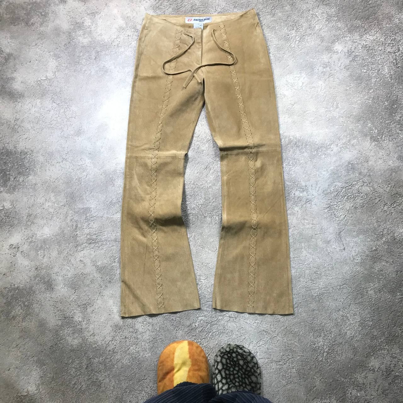 Vintage Y2K Baggy Flared Suede Pants Low Rise Grunge Logo 30