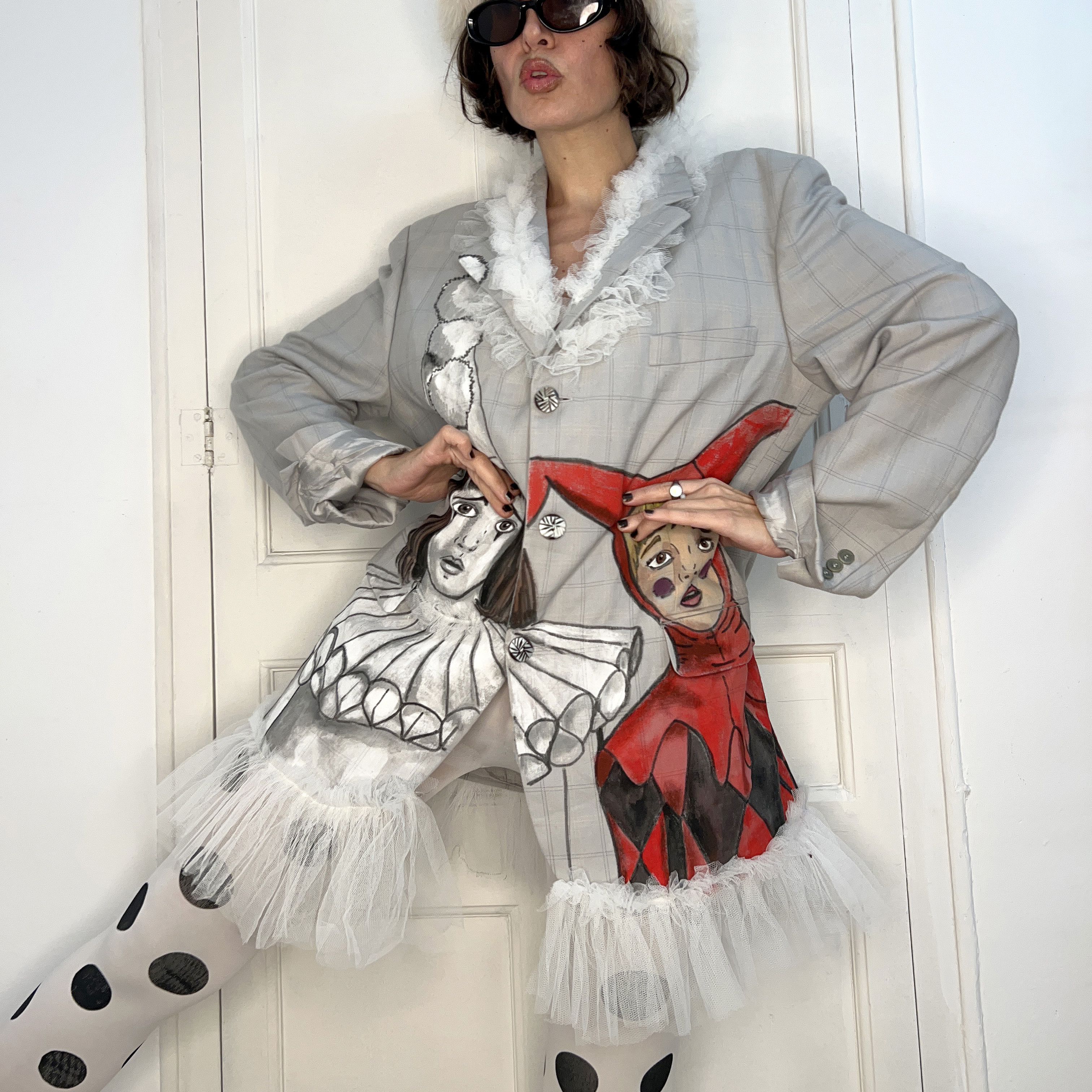 Custommade Hand-Painted Wool Harlequin Pierrot Blazer Size XL / US 12-14 / IT 48-50 - 6 Thumbnail