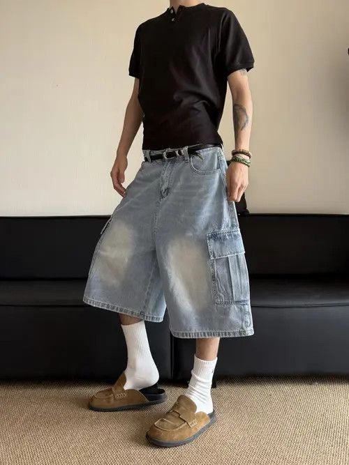 Jean Wakiko x Yumi Light Wash Cargo Denim Shorts, Wide Leg Jorts Size US 33 - 4 Thumbnail