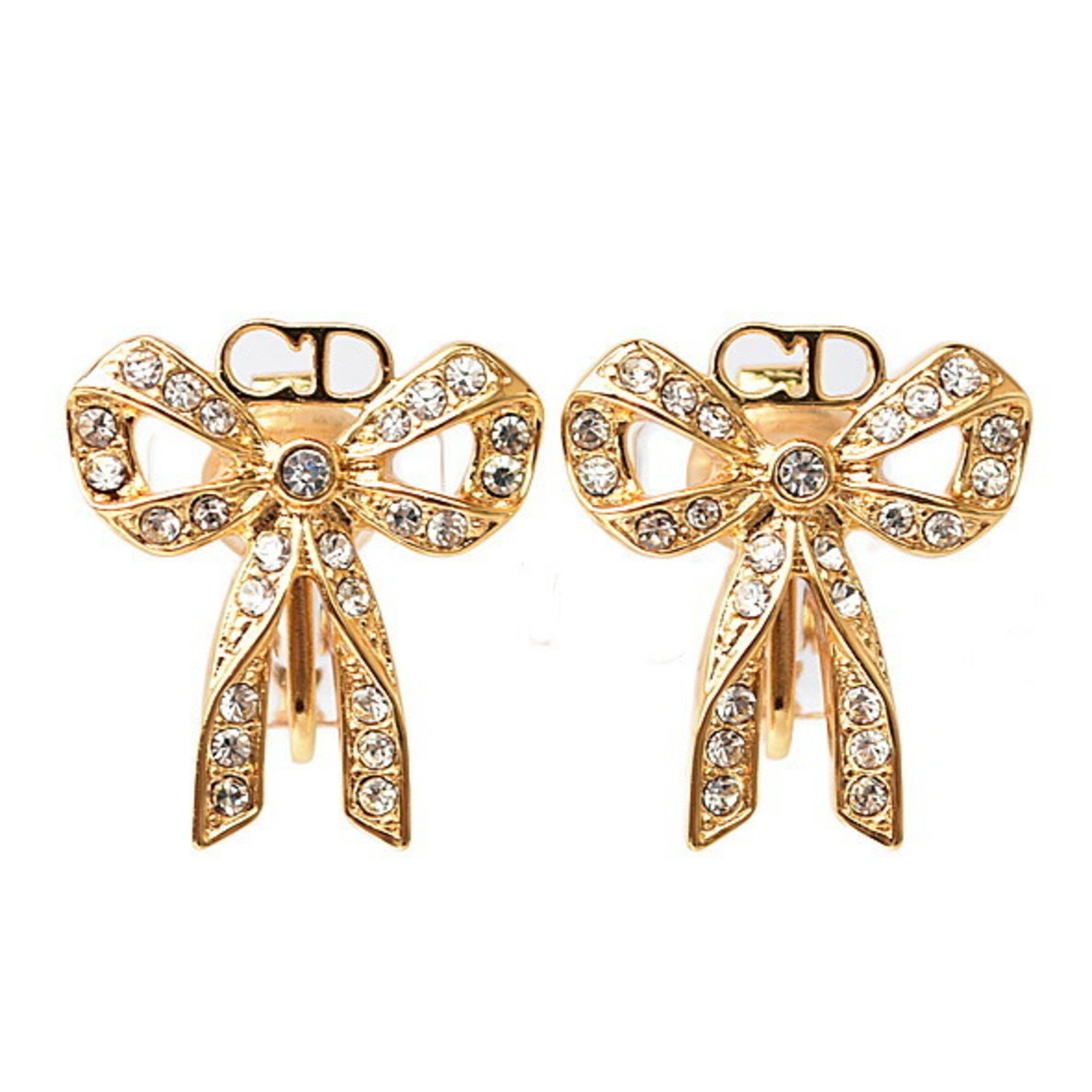 image of Christian Dior Earrings Ribbon Motif Rhinestone Gold, Women's