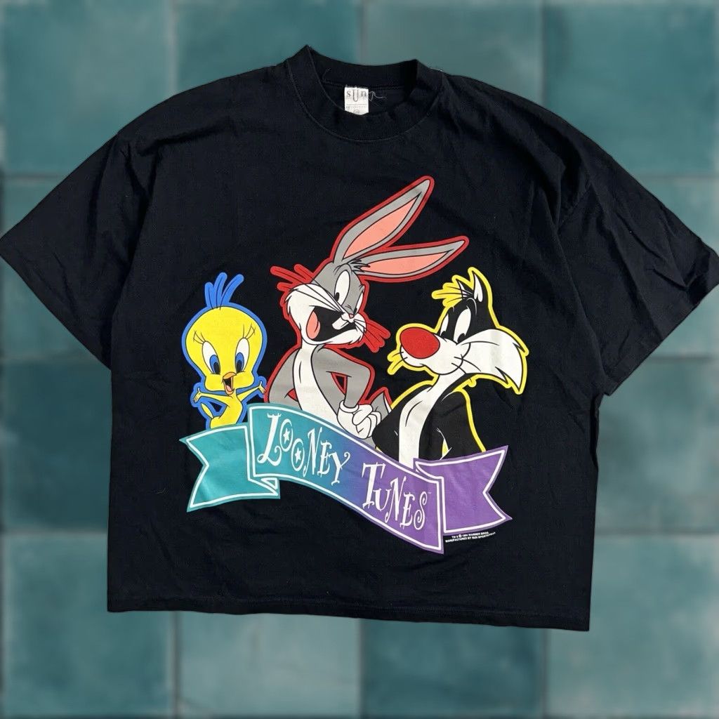 Vintage Looney Tunes Vintage T Shirt Black Crew Neck Short Sleeve 2XL Graphic Print 90s Bugs Bunny Costume Mens Vintage 90s Theme Black T-Shirt Size US XXL / EU 58 / 5 - 1 Thumbnail