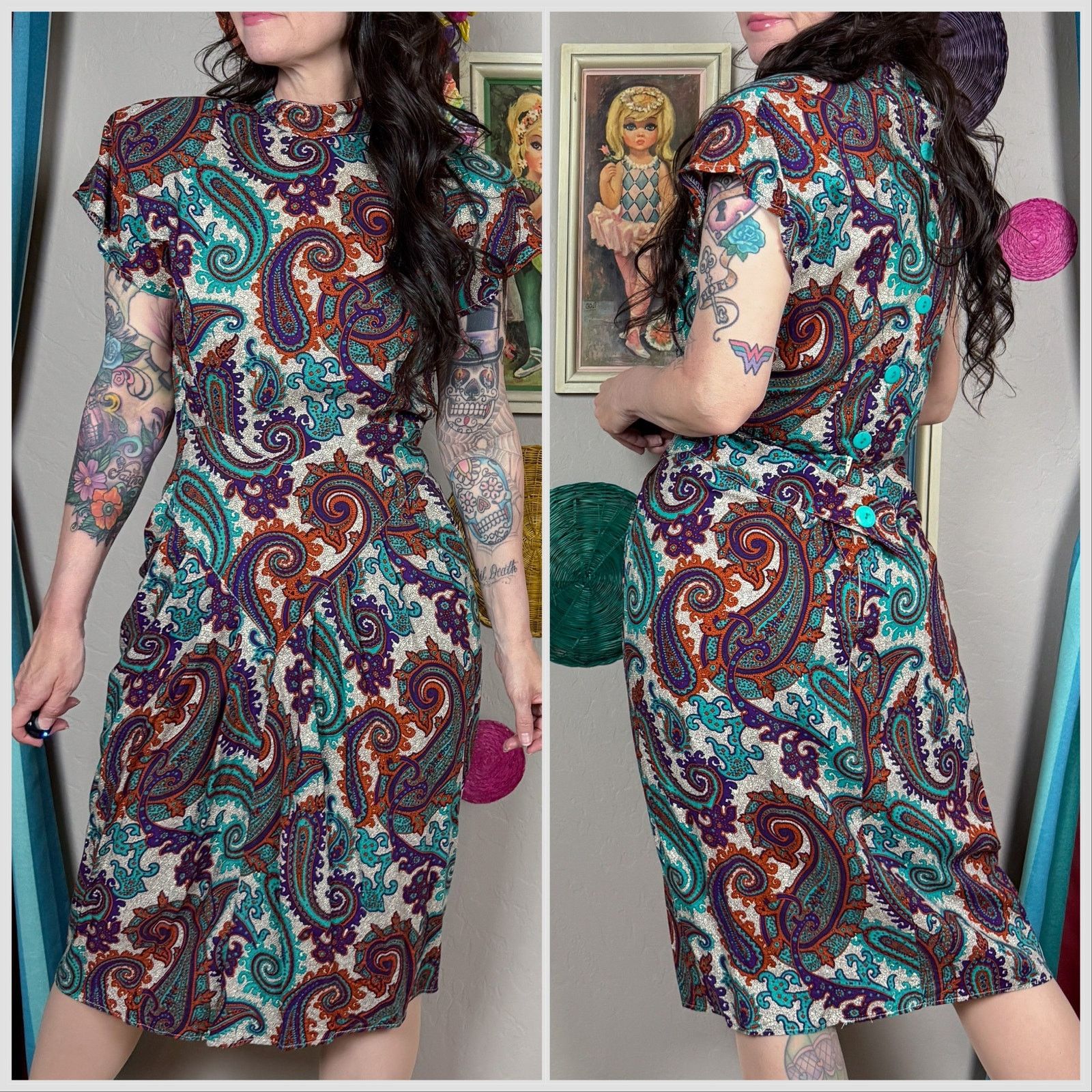 Vintage Vintage 1980s Paisley Print Short Sleeve Back Button Dress Size XS / US 0-2 / IT 36-38 - 3 Thumbnail