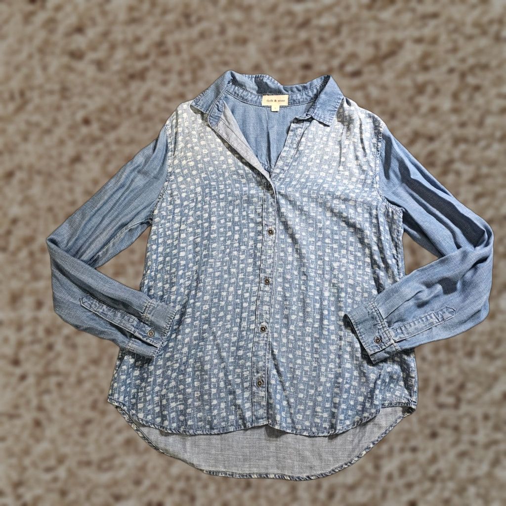 CLOT Cloth & Stone Top Shirt Womens Large Blue Distressed Button Long Sleeve Casual Shirt Size L / US 10 / IT 46 - 1 Thumbnail